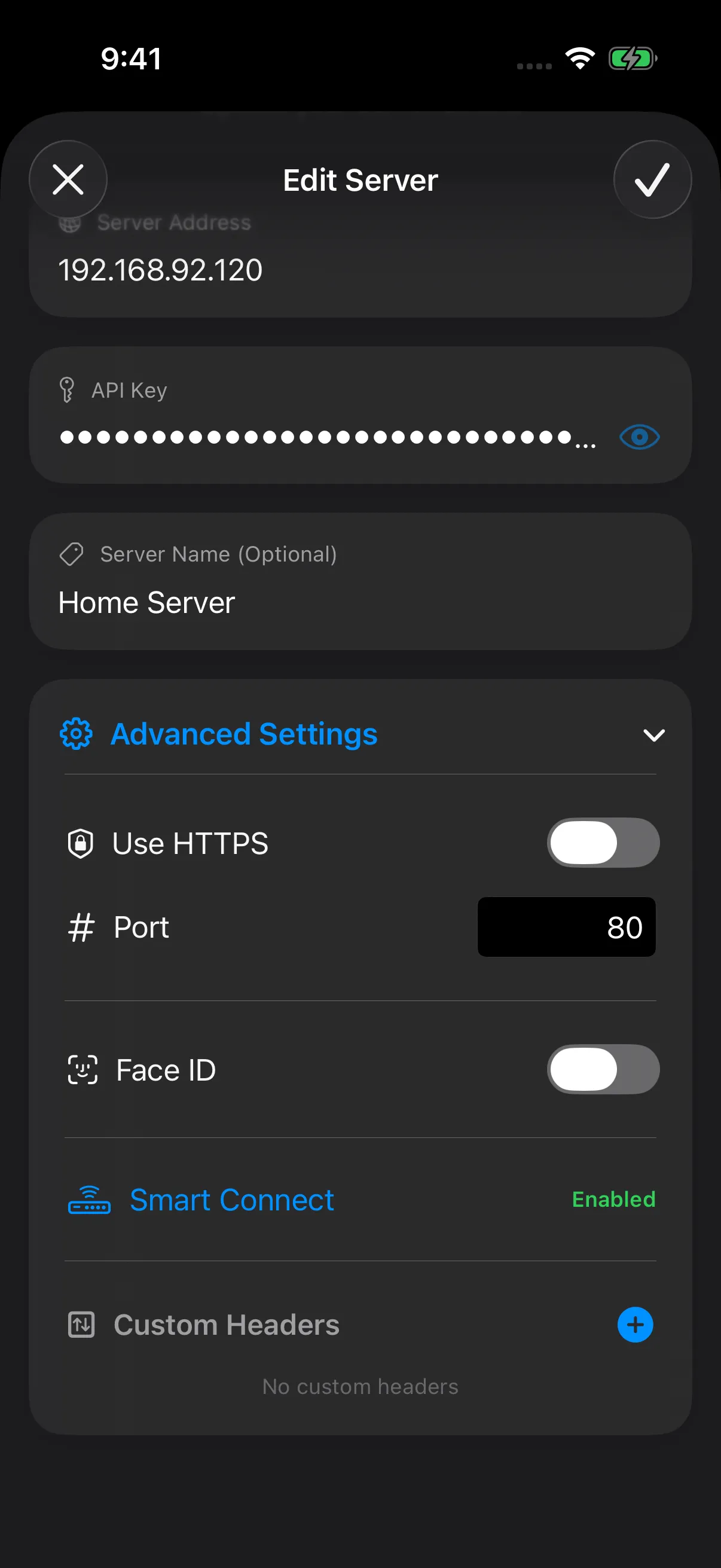 Unraid Deck server settings with Advanced Settings expanded and Smart Connect enabled