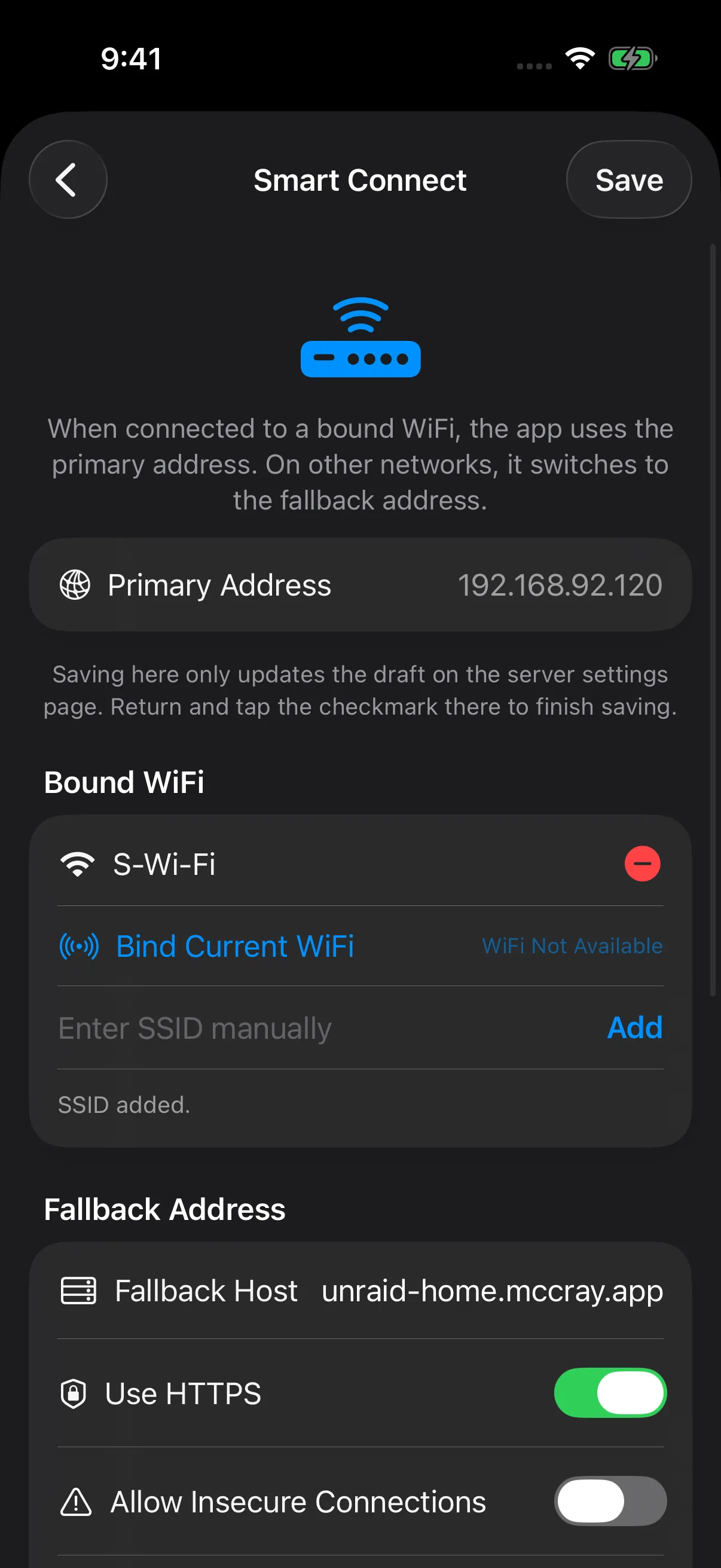 Unraid Deck Smart Connect settings showing primary address, bound WiFi, and fallback address fields