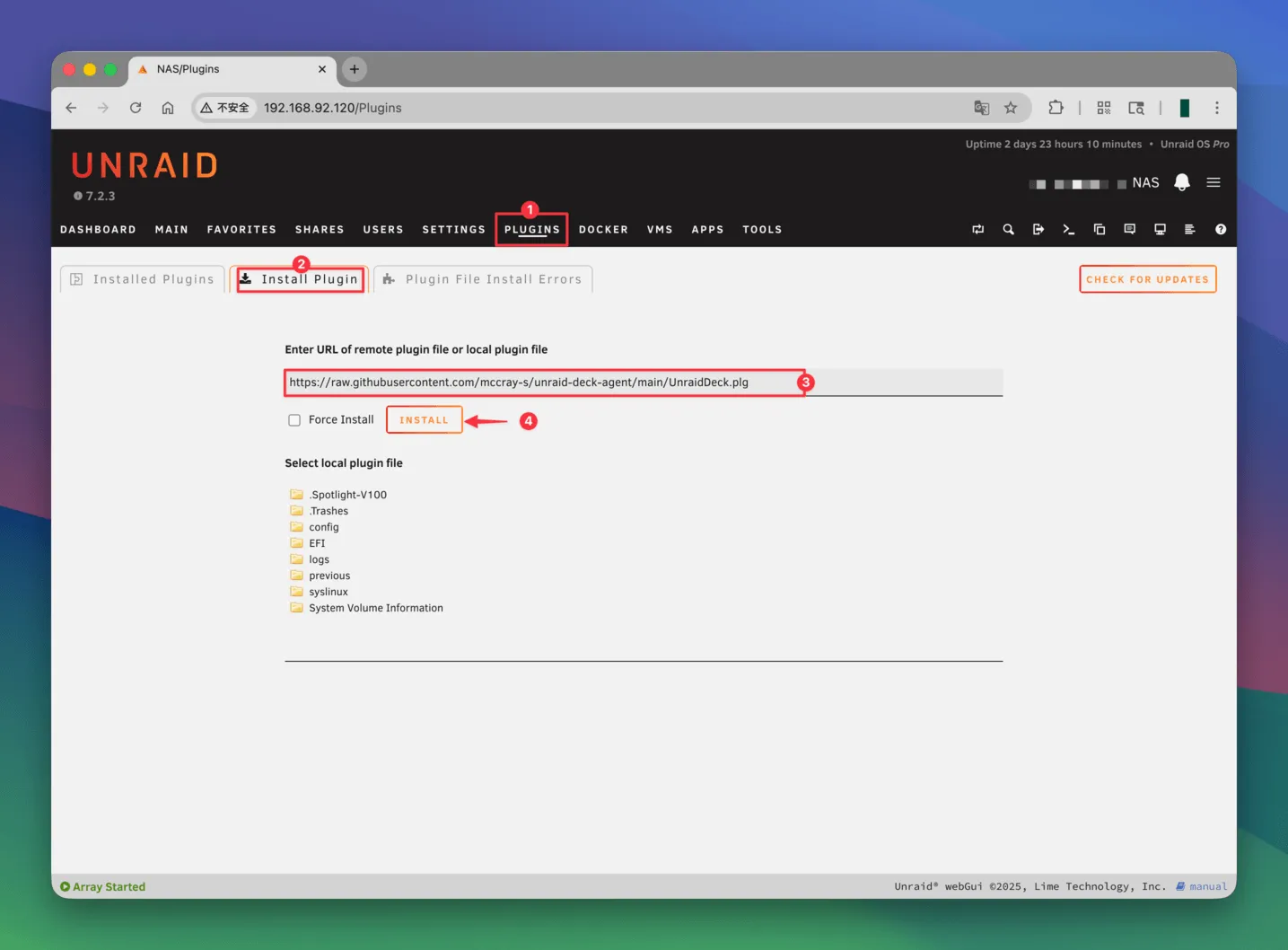 Screenshot of the Unraid WebUI 'Install Plugin' tab with the URL pasted in the input box