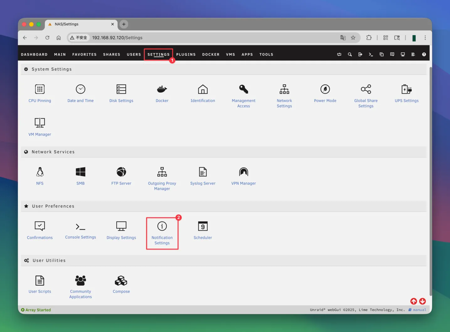 Screenshot of the Unraid Notification Settings page