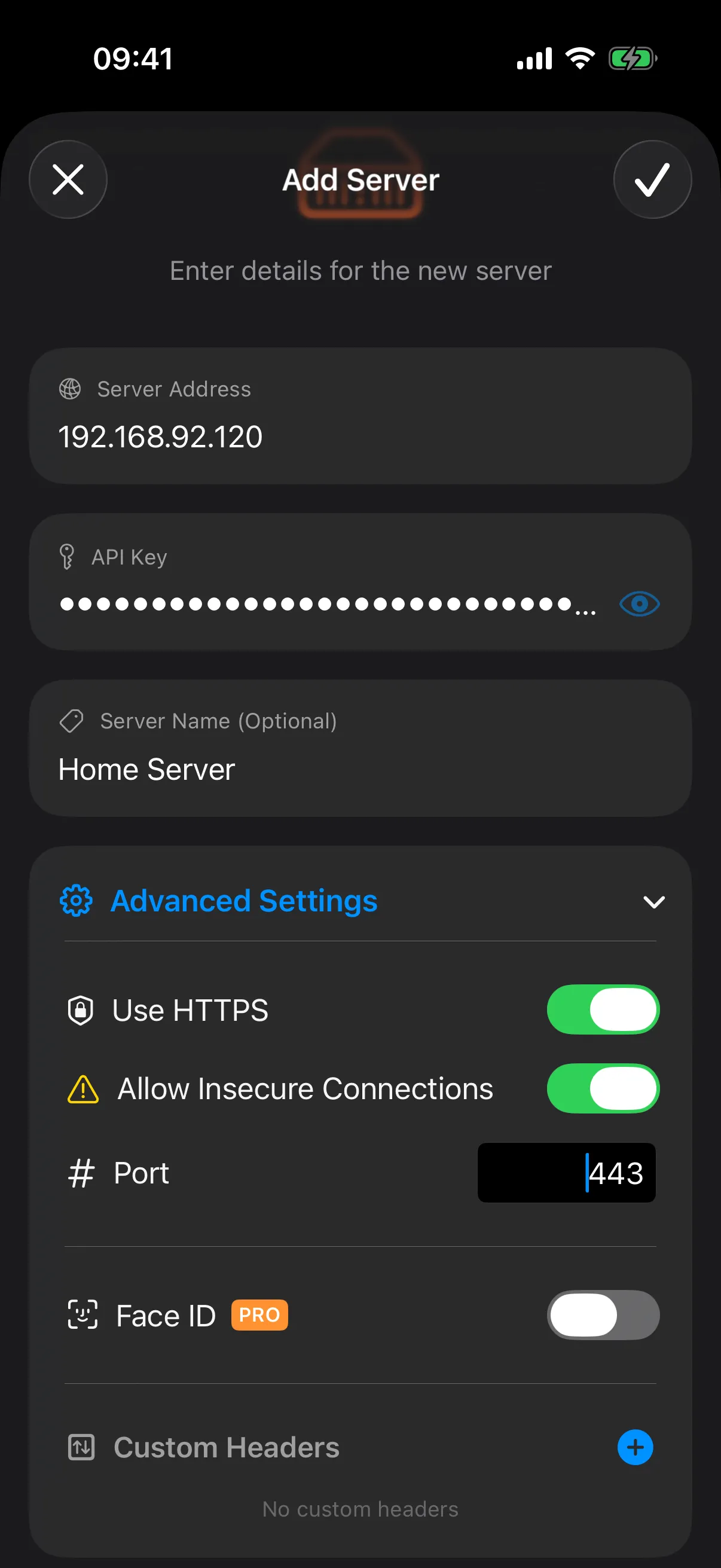 Unraid Deck server configuration form with address, API key, port, and SSL fields