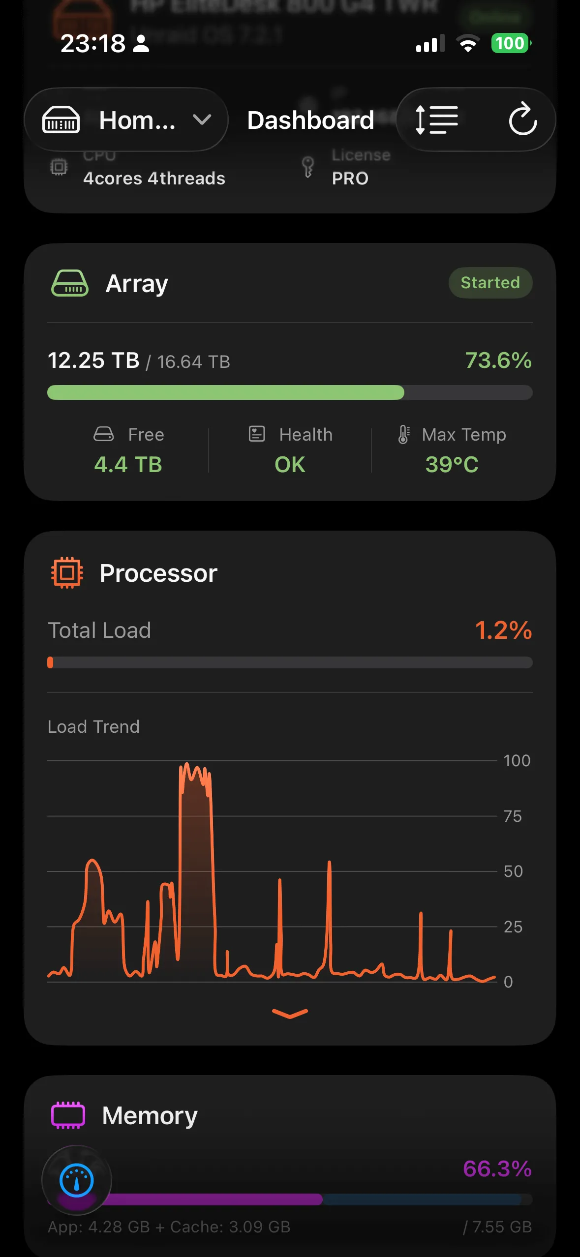 Unraid Deck dashboard showing real-time CPU, memory, and array status