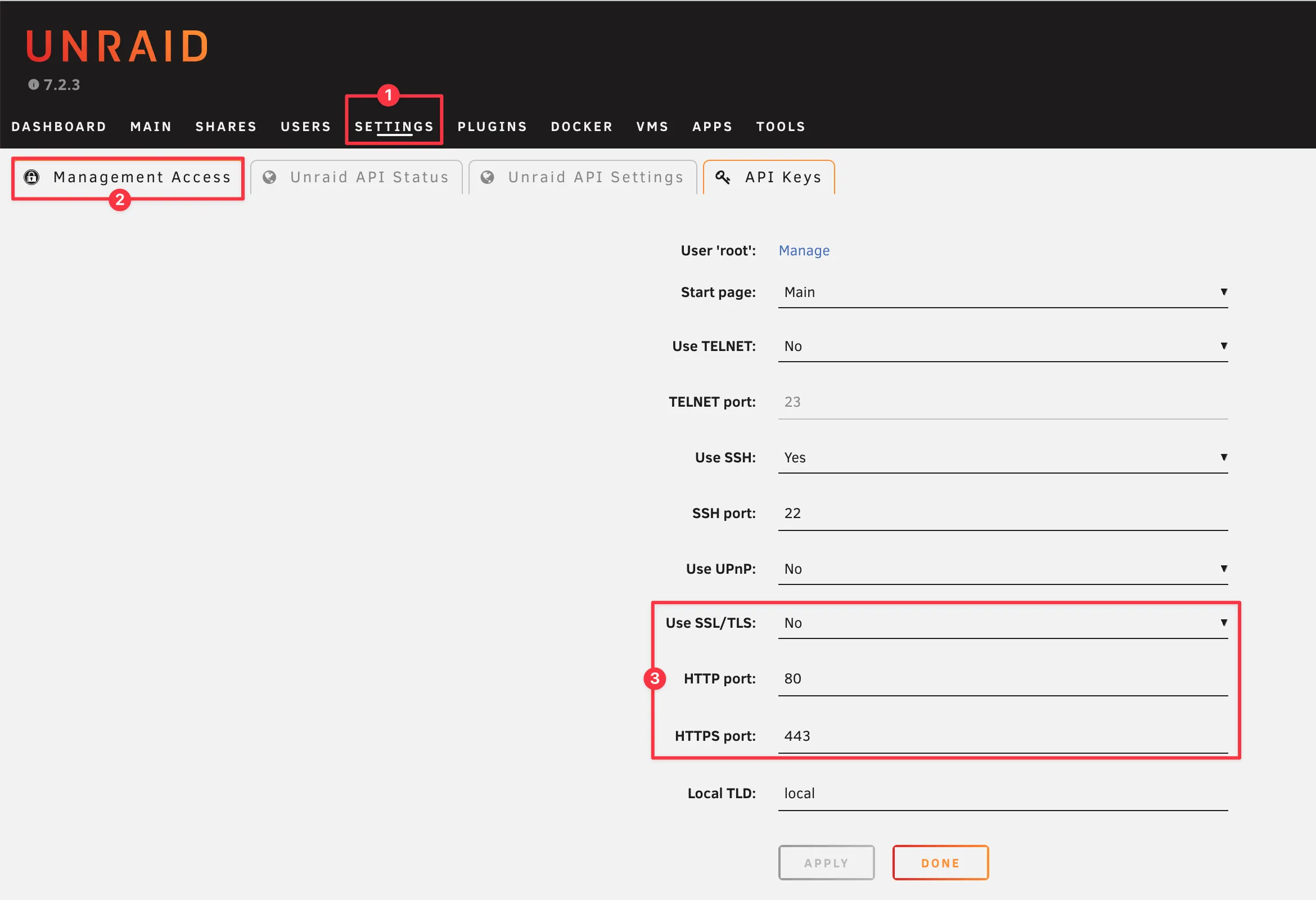 Unraid Settings page showing HTTP/HTTPS port and SSL configuration