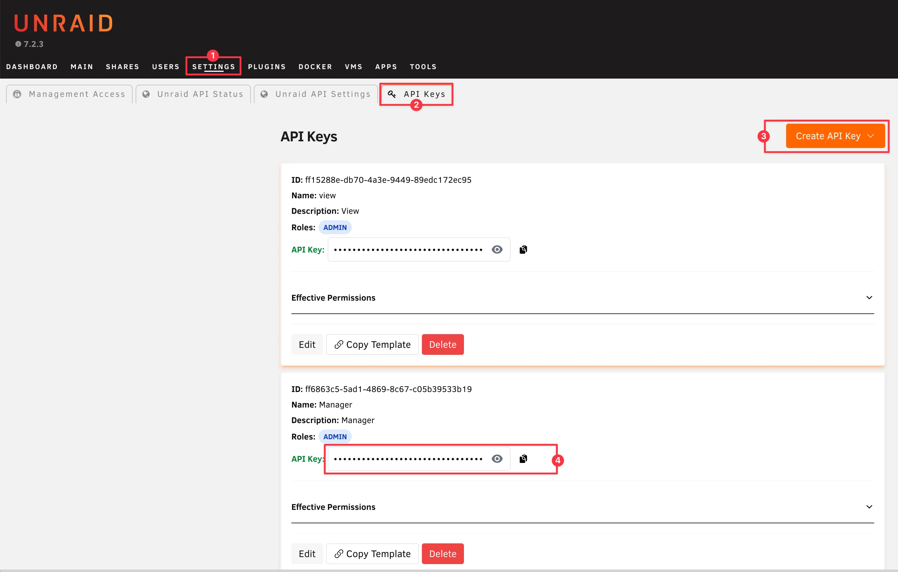 Unraid API Keys management page with Add API Key button