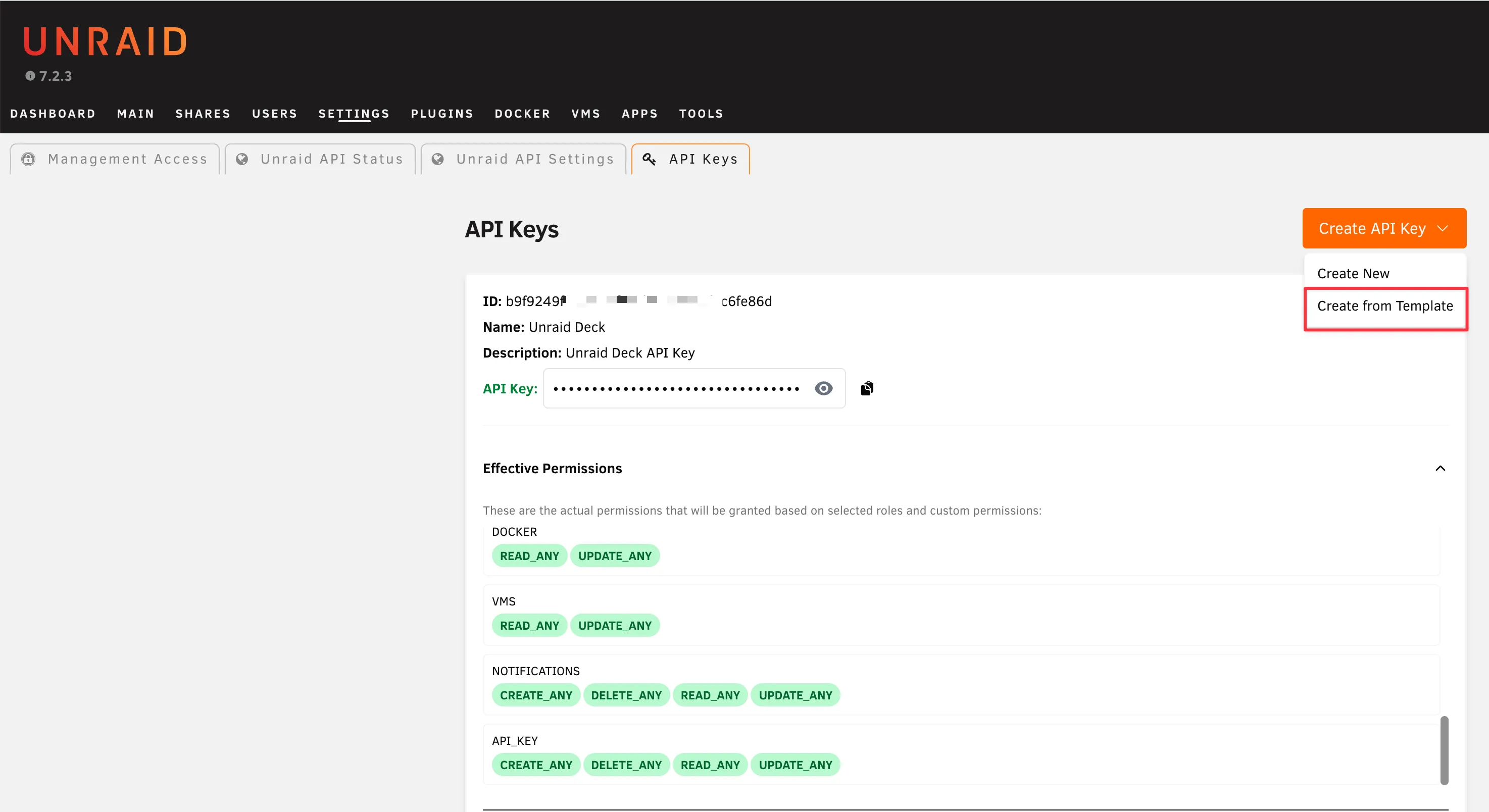 Unraid Create from Template dialog for pasting API key template URL